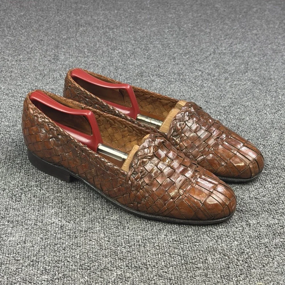 Moreschi Woven Leather Loafers Mens 10 Brown Handmade Italy Basket Weave Slip On